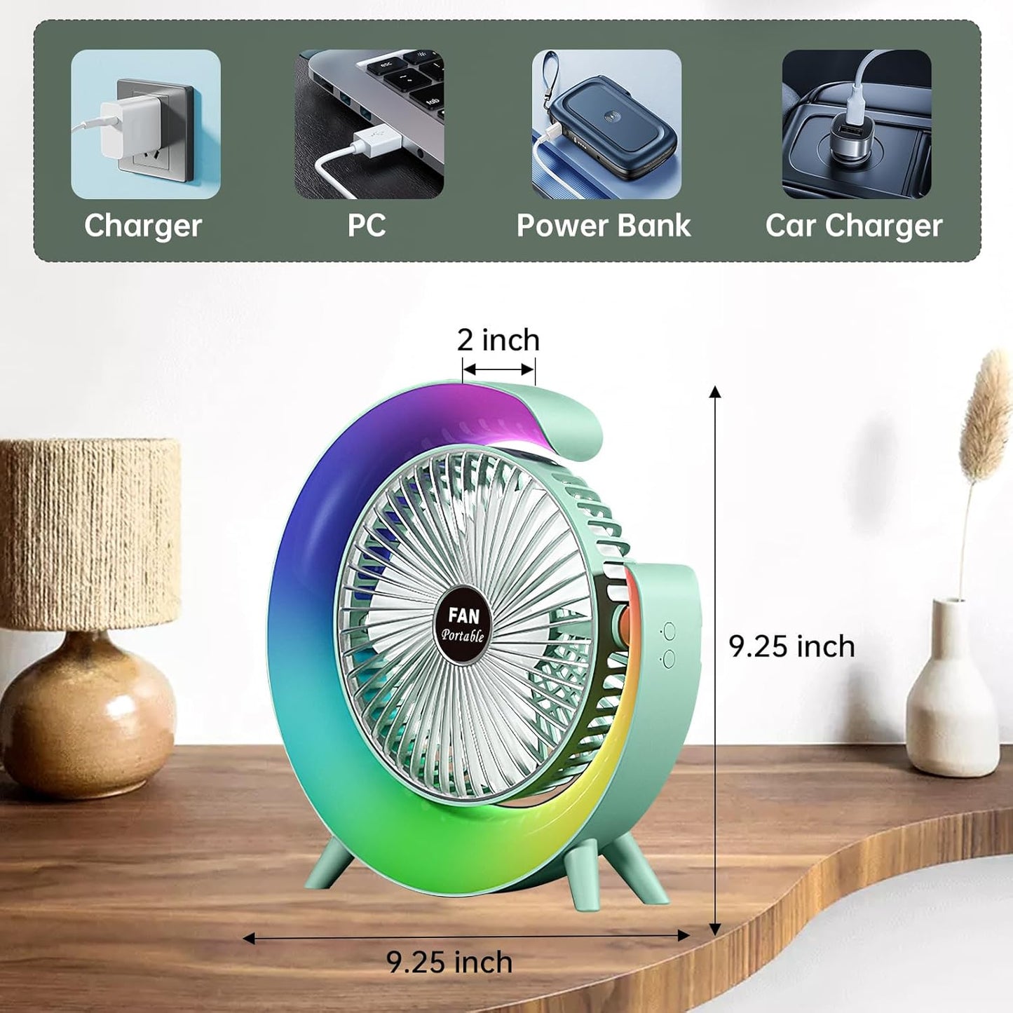 Colorful LED Light, USB Rechargeable Fan