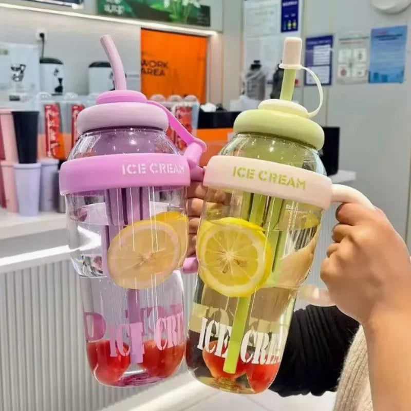 Ice Cream Water Bottle with Straw & Tea Infuser | 1400ml | | Large Capacity Gym & Summer Drink Bottle | Random color