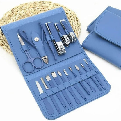 16 Pcs Stainless Steel Color-Coated Manicure and Pedicure Set with Leather Case