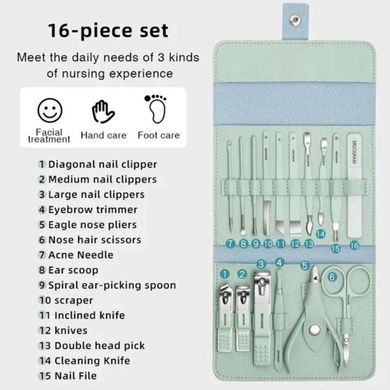 16 Pcs Stainless Steel Color-Coated Manicure and Pedicure Set with Leather Case