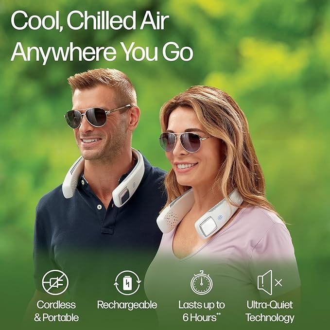 Portable Neck Fan USB Rechargeable 3-Speed, in use