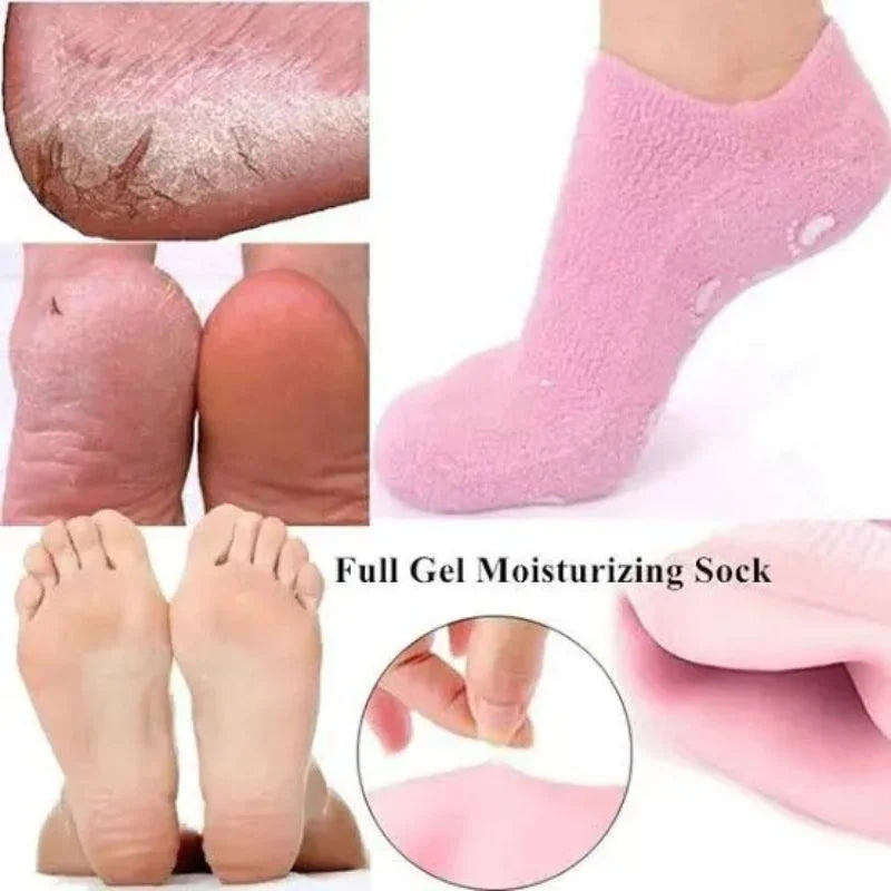 Reusable Silicone Spa Gel Socks for Dry Feet & Cracked Heels, in use